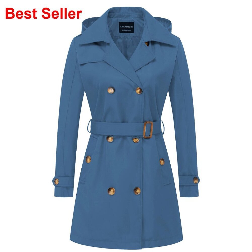 Polyester Trench Coat with Detachable Hood, Double-Breasted, Slim Fit